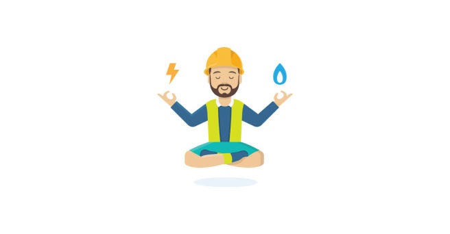 Genie style cartoon builder holding up blue gas flame and lightning bolt