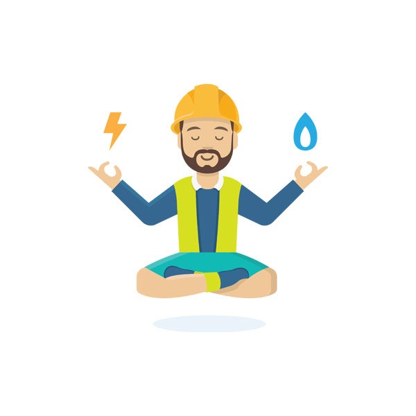Genie style cartoon builder holding up blue gas flame and lightning bolt