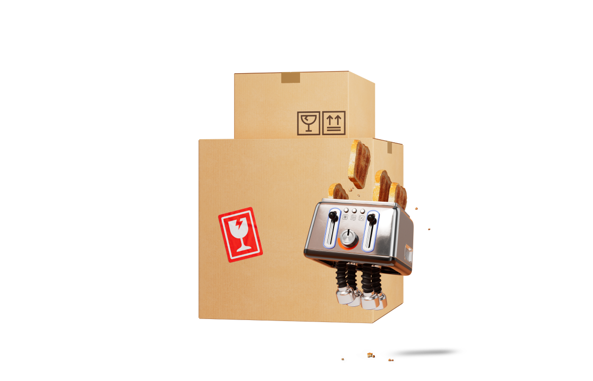 Bretail character toaster with a large cardboard box behind it