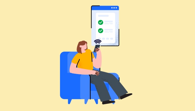 Graphical representation of a person in a large blue armchair holding a mobile phone and above shows a checklist of items