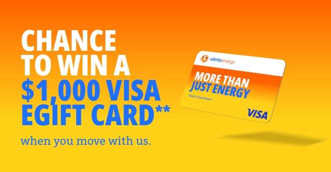A graphic showing an eGift card and the words Chance to win a $1,000 Visa eGift Card when you move with us