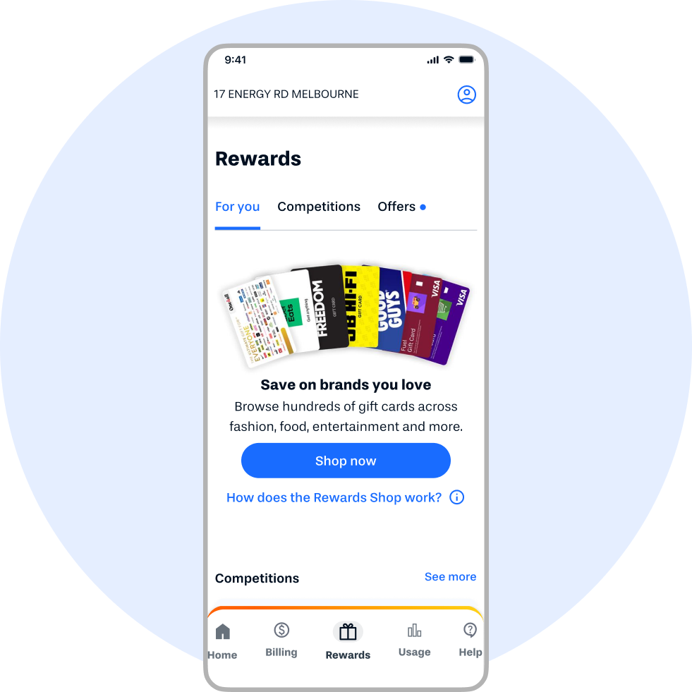 A graphical representation of the Alinta Energy app showing the Rewards Store