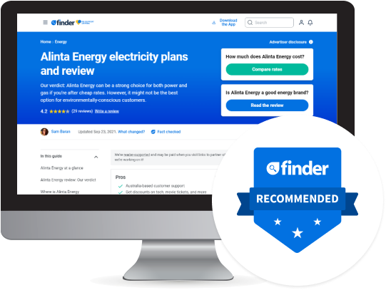 Rendition of a monitor screen showing Alinta Energy plans and reviews on the Finder website