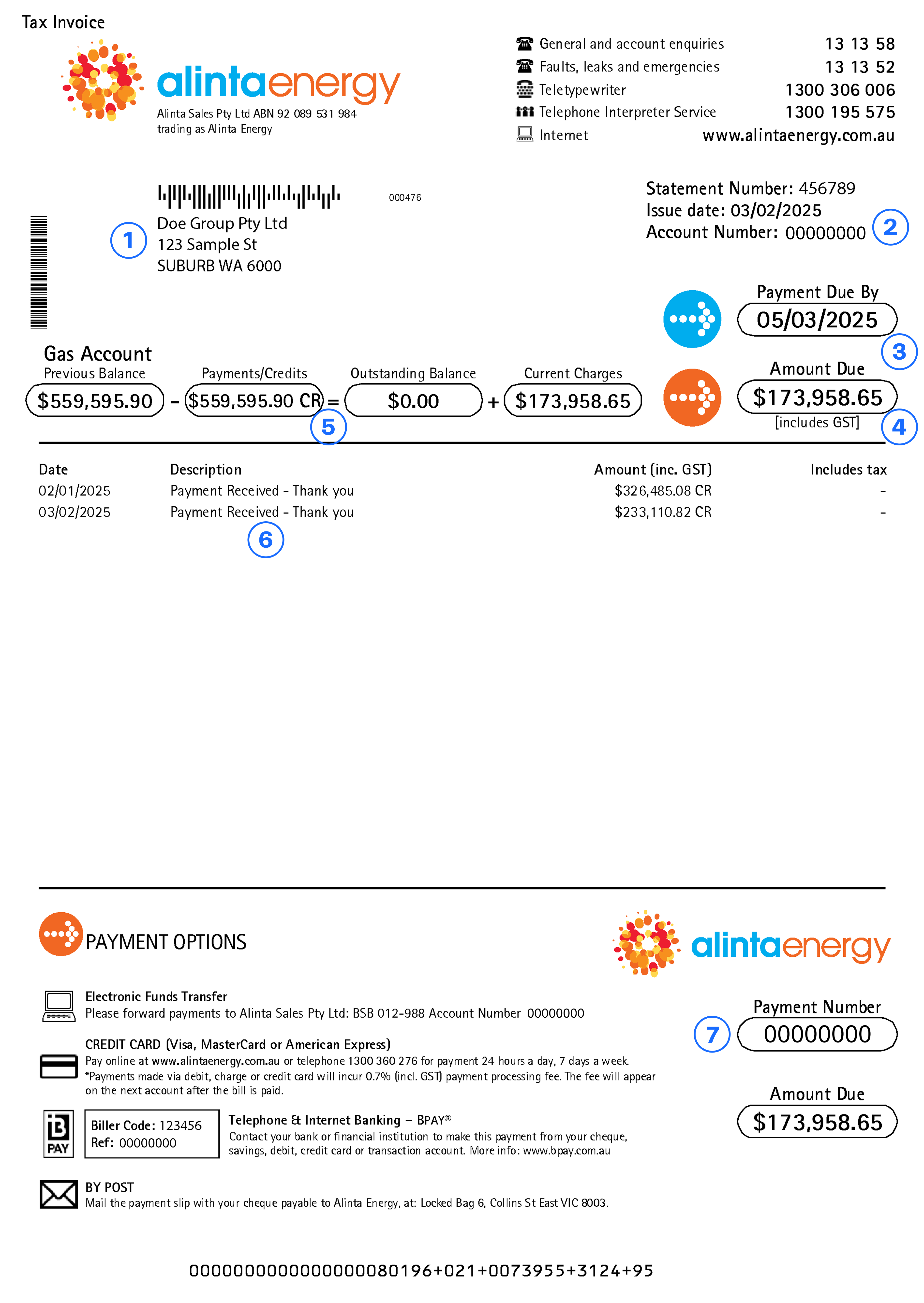 Alinta Energy small business sample unbundled gas bill