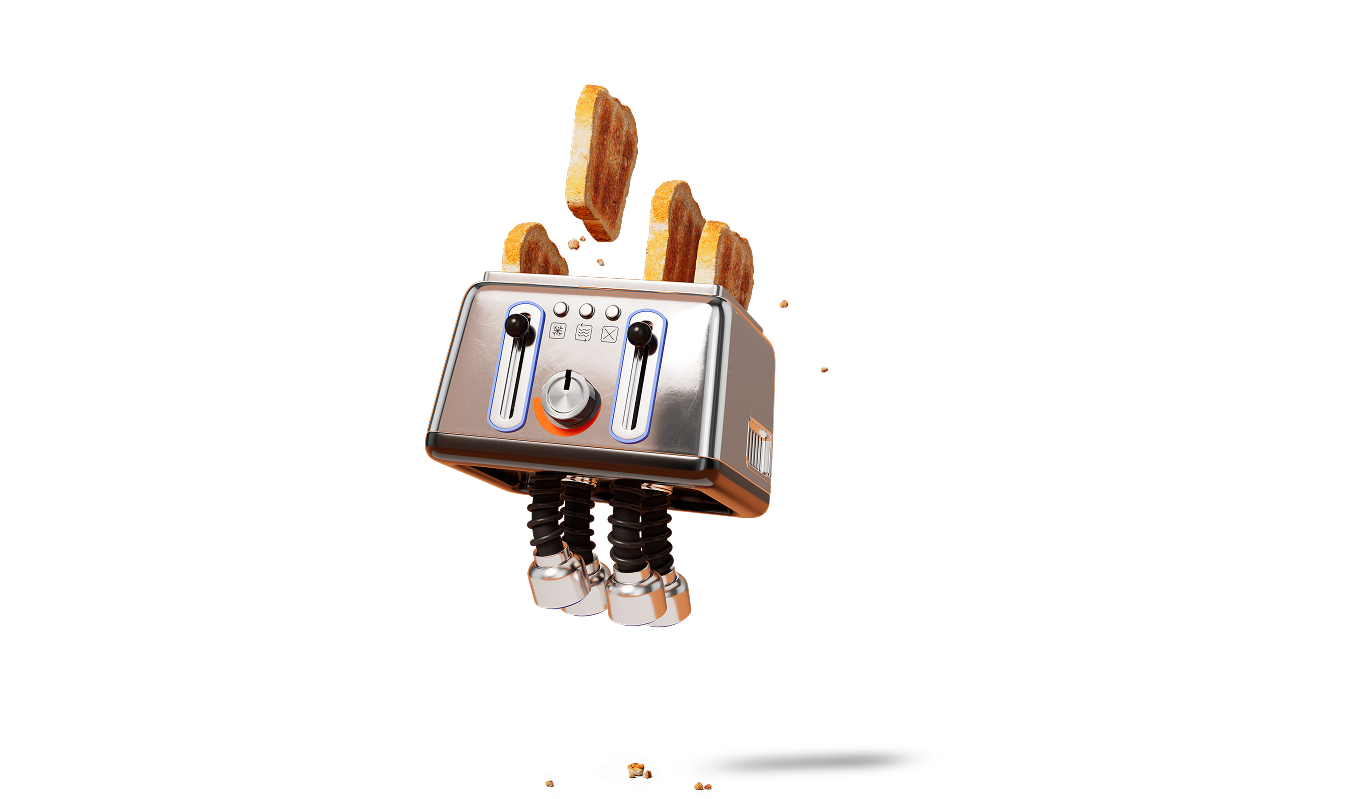 Graphical character of a toaster with springy legs and 4 slices of toast popping up