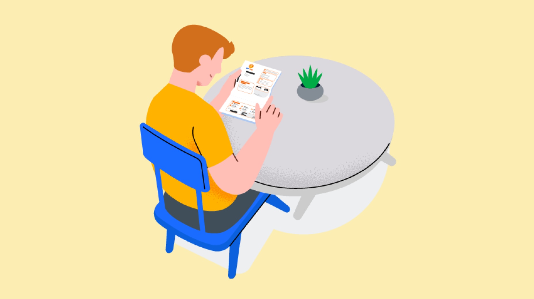 A graphical representation of a man sitting at a round table and reading an Alinta Energy power bill