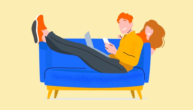 Graphical representation of a smiling man lying on a sofa looking at his phone and laptop while a smiling woman is behind him