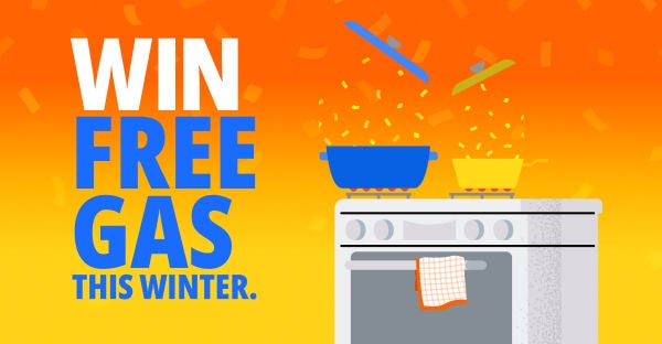 An orange and yellow gradient background with a stove and the words Win Free Gas this winter