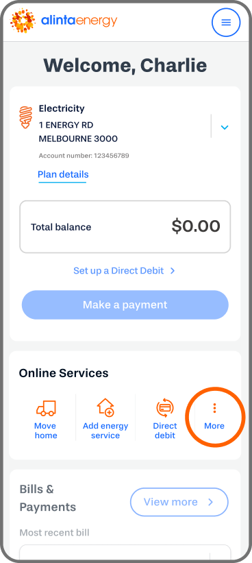 This is a graphical representation of the Alinta Energy MyAccount dashboard, in the Online Services section, select the "More" option on the right