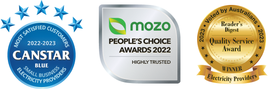 Three award logos showing Canstar Blue Most Satisfied Customers Small Business Electricity Providers 2022-2023, Mozo People's Choice Awards 2022 Highly Trusted and Reader's Digest Quality Service Award Electricity Providers 2023