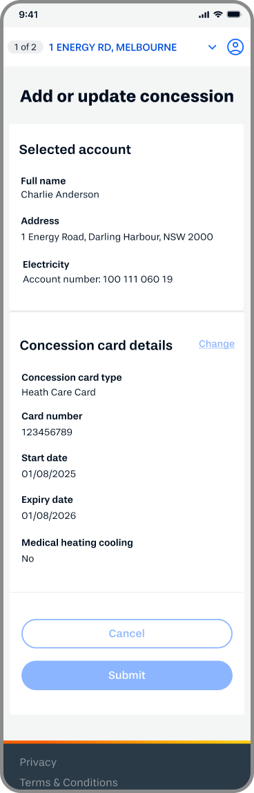 This is a graphical representation of the Alinta Energy mobile app, on the Concessions page where you enter details for your concession card