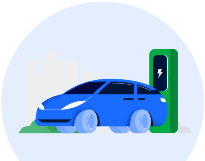 A graphical representation of a blue car parked next to a green EV charger with a city outline in the background