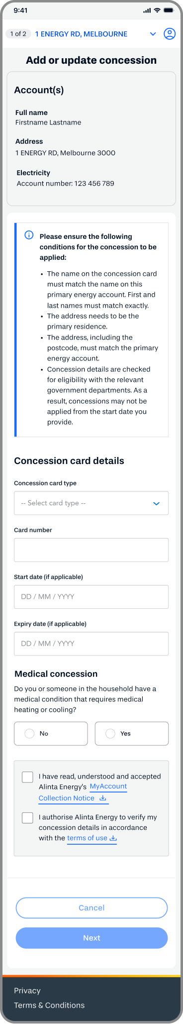 This is a graphical representation of the Alinta Energy mobile app, on the Concessions page where you enter details for your concession card