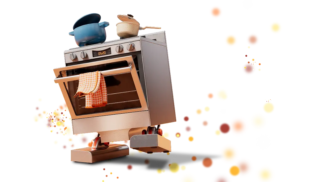 Graphical cartoon of a gas oven walking on feet with two saucepans on the hob