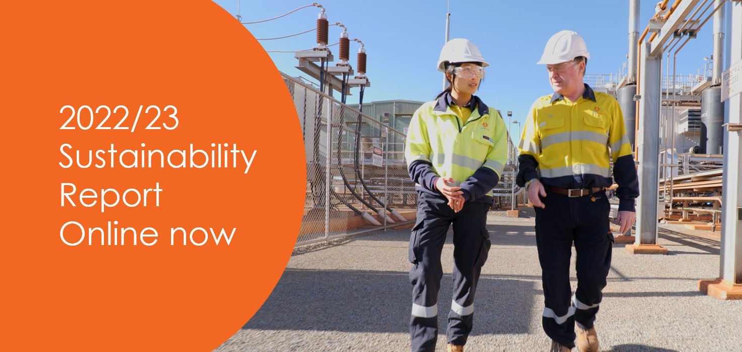 Two Alinta Energy workers walk together on site
