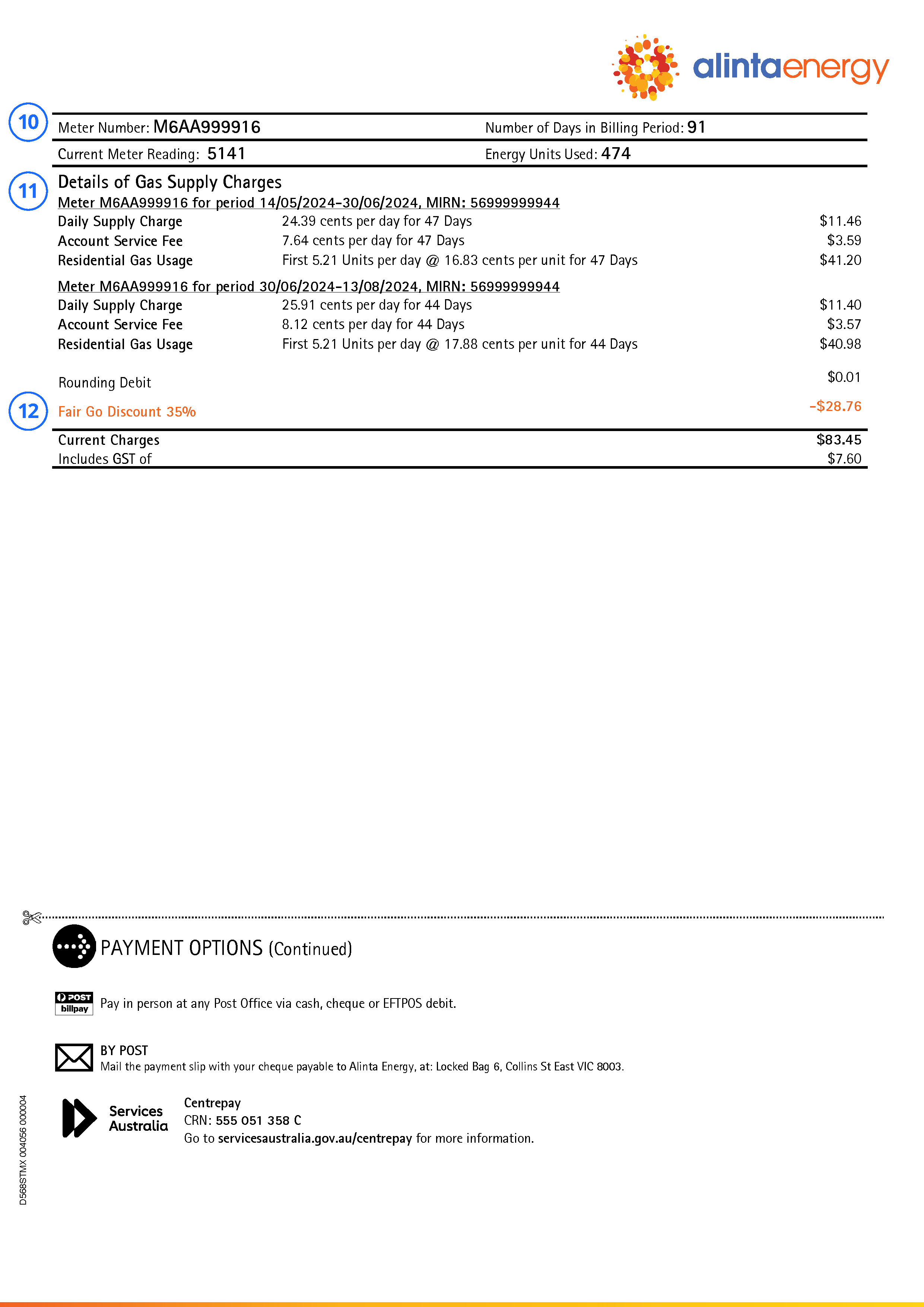 Back of an example gas bill in WA