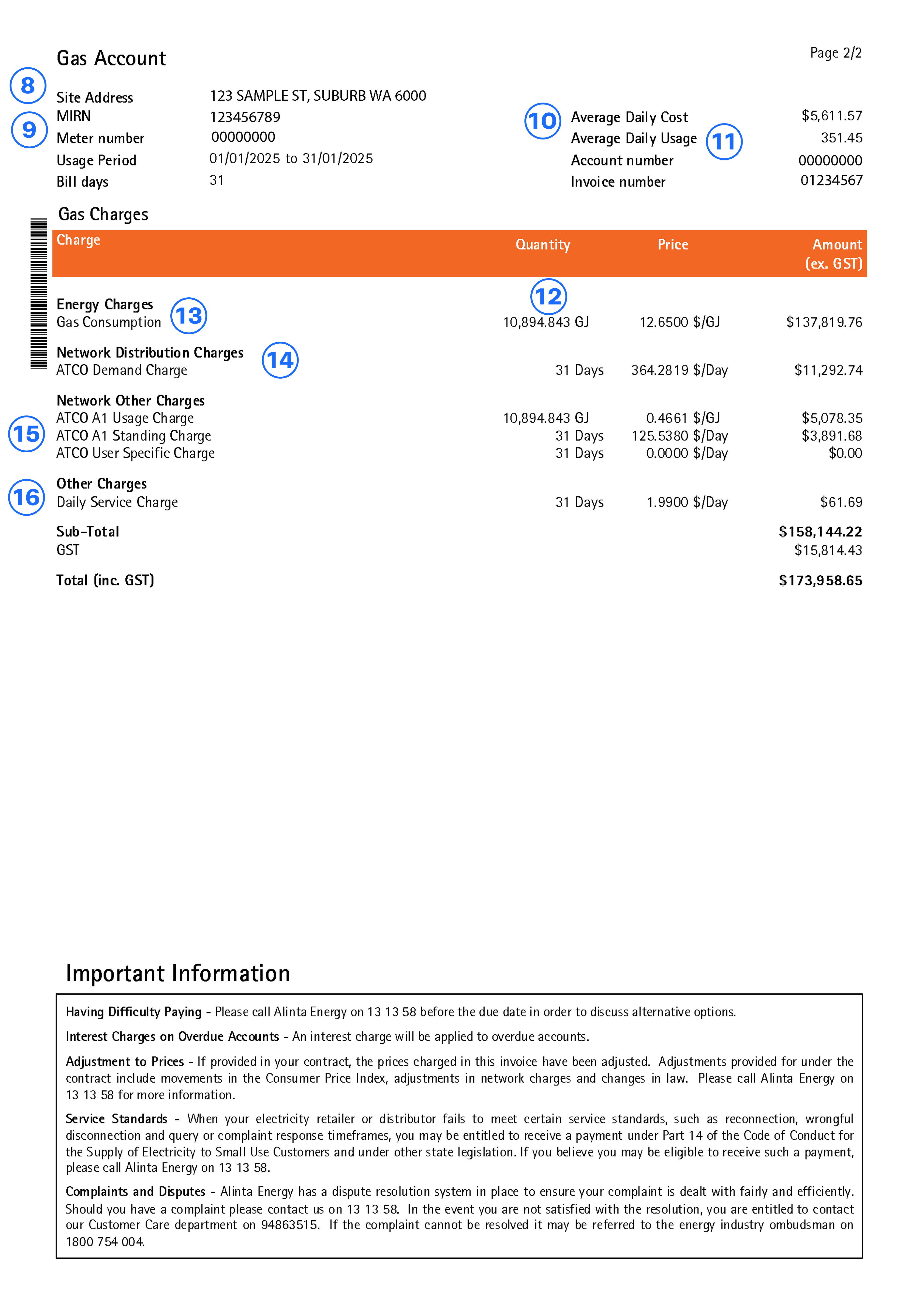 Alinta Energy small business sample unbundled gas bill