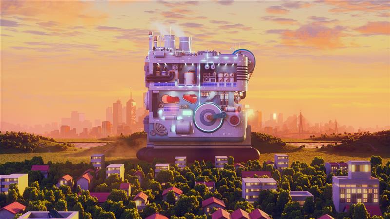 Stylised rendition of an clean energy machine at sunset with a small town in the foreground and large city behind