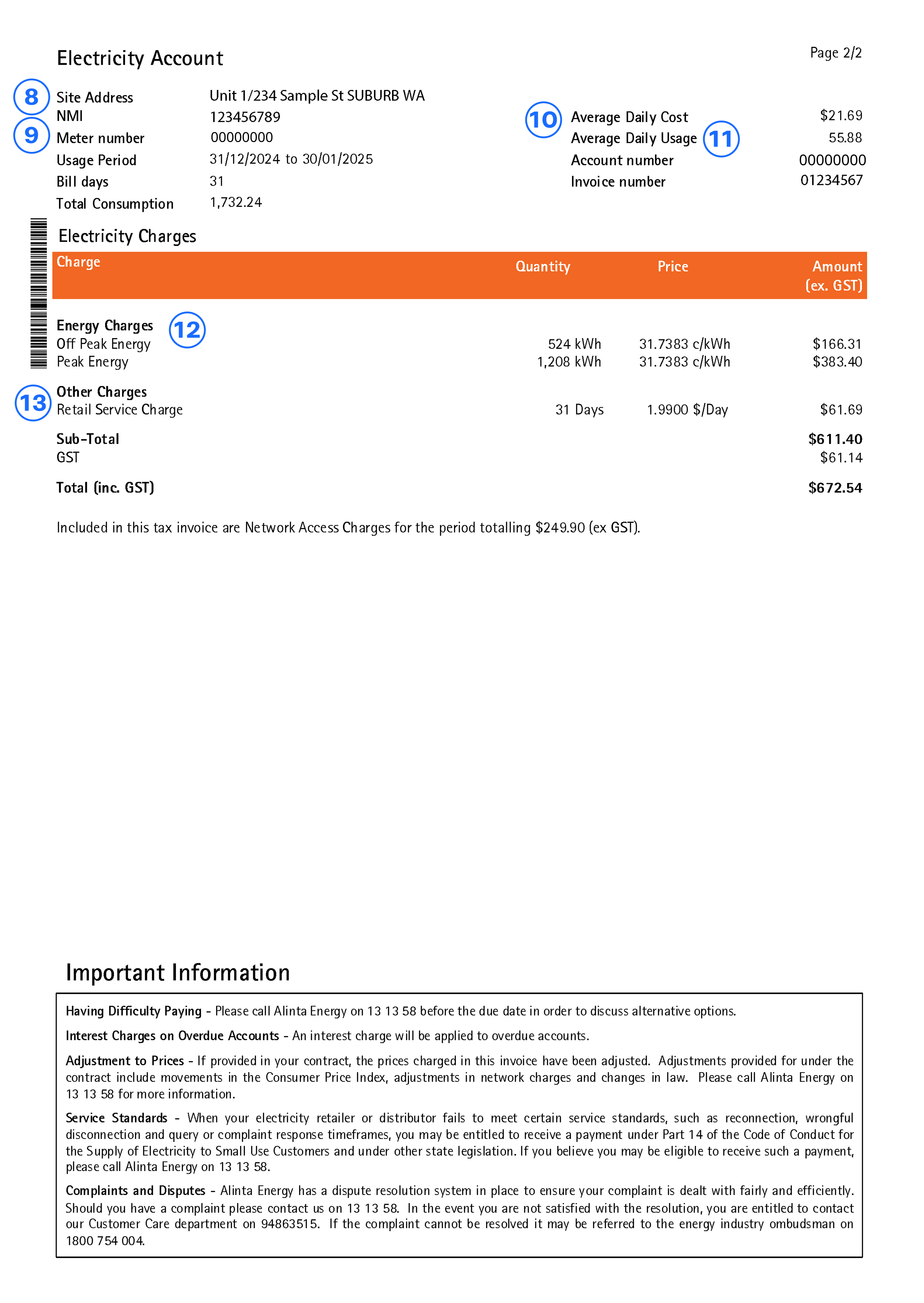 Alinta Energy small business sample bundled electricity bill