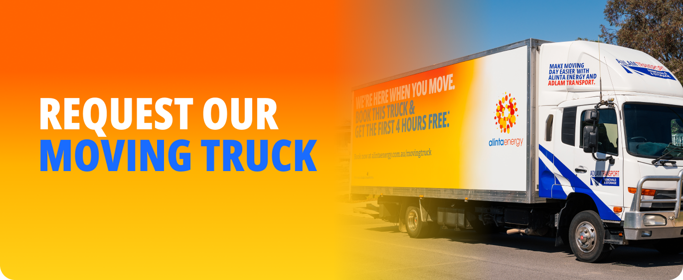 Alinta Energy Movers Truck overlaid with an orange and yellow gradient with the words Request our Moving Truck
