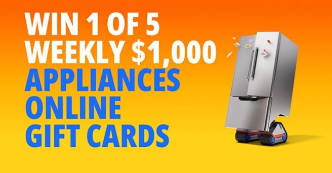 Bretail character fridge with the words Win 1 of 5 weekly $1,000 Appliances Online gift cards