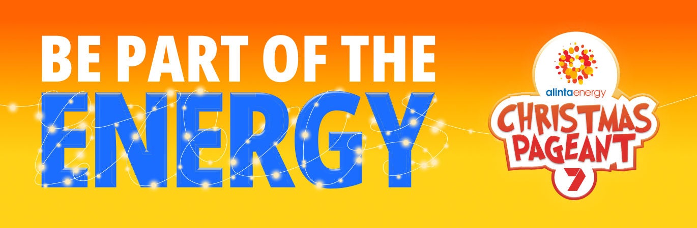 Orange and yellow gradient with the words Be Part Of The Energy and the Christmas Pageant logo