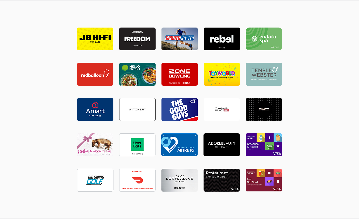 Wide selection of the examples of eGift cards that can be purchased in the Alinta Energy Rewards Shop