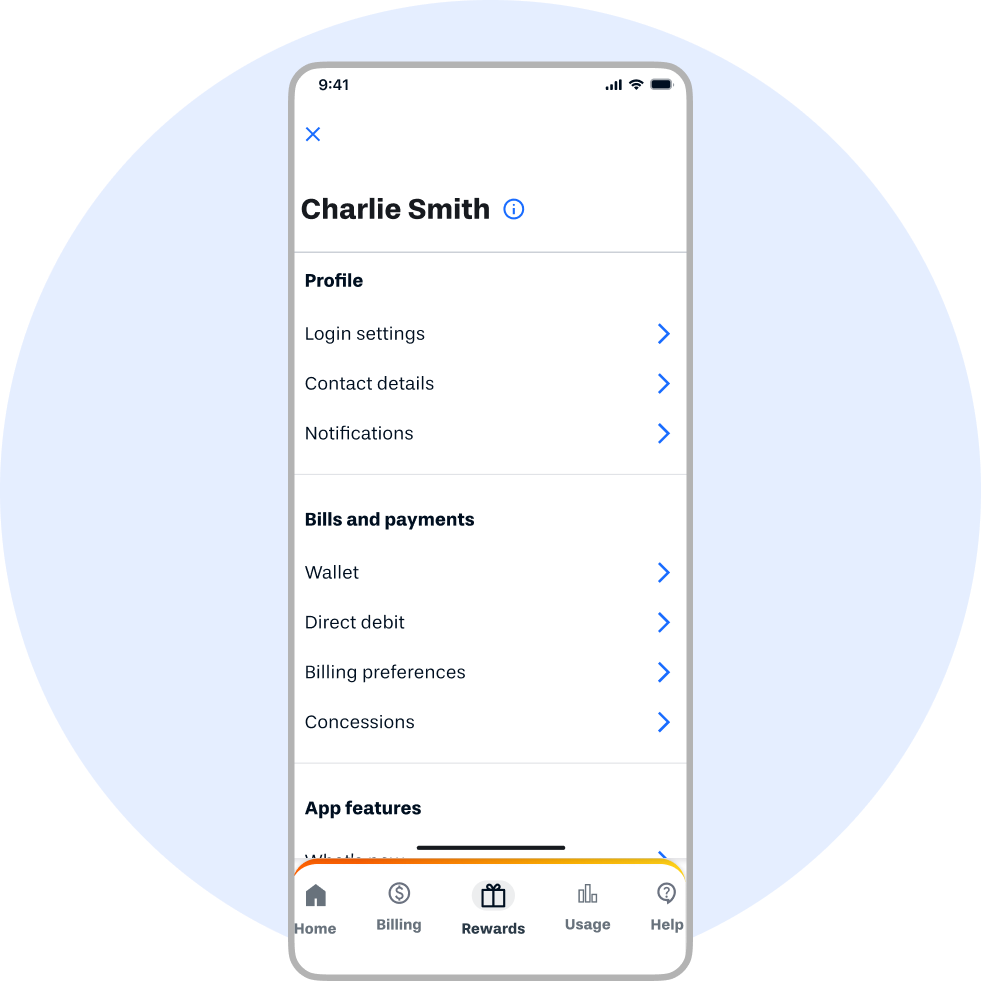 A graphical representation of the Alinta Energy app showing account profile details