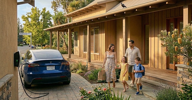 A EV is charging inside a garage while a mum is taking groceries out of the boot