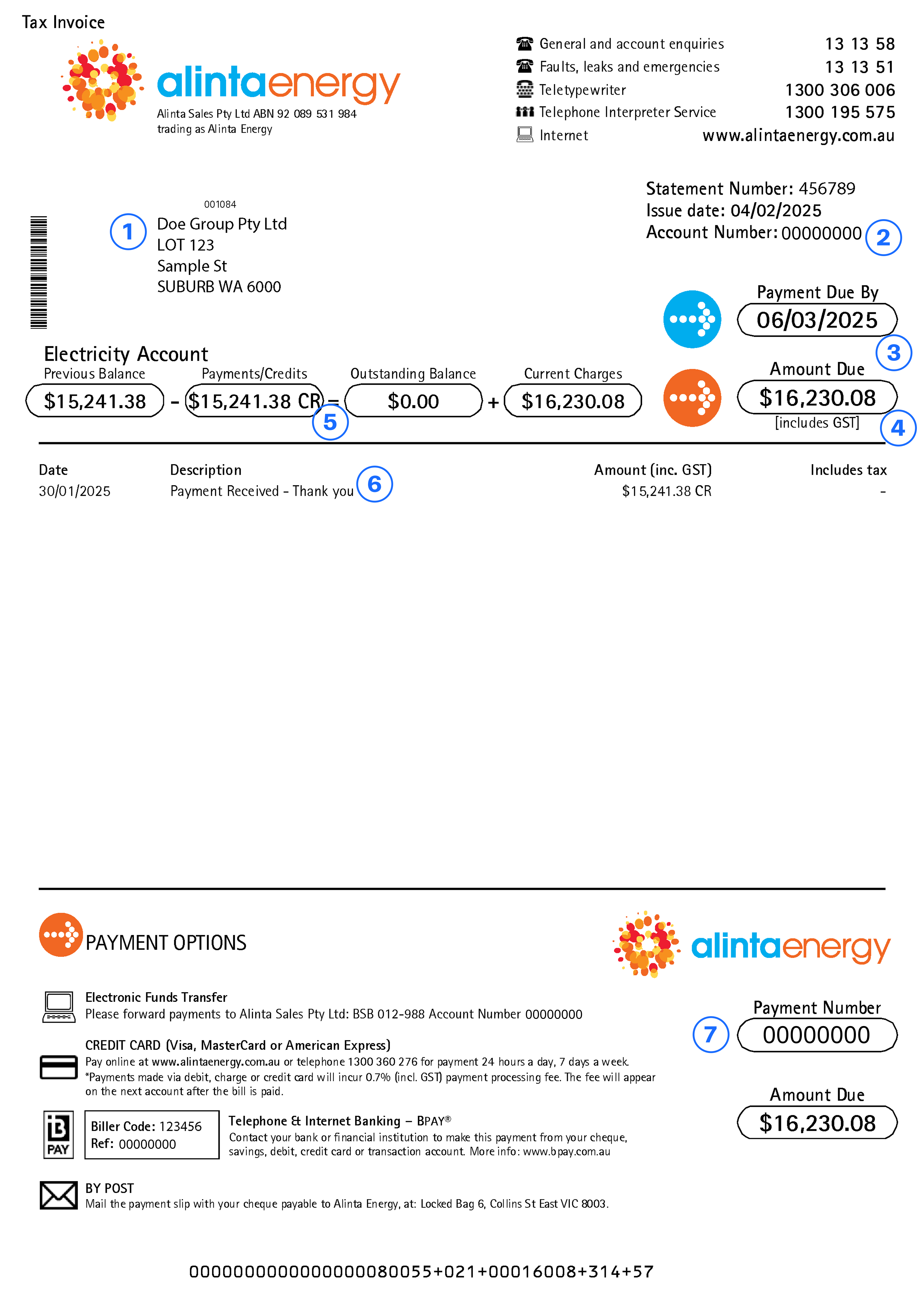 Alinta Energy small business sample unbundled electricity bill
