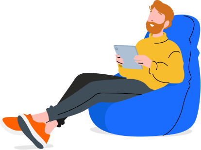 Graphical representation of a man sitting in a beanbag chair and smiling at a digital tablet
