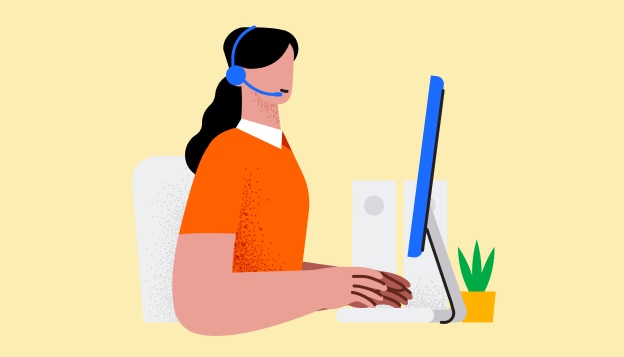 Graphical representation of a woman in front of a computer screen talking on a headset