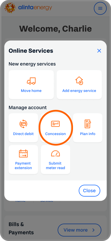 This is a graphical representation of the Alinta Energy MyAccount dashboard, in the Online Services section, selecting the "Concession" option 