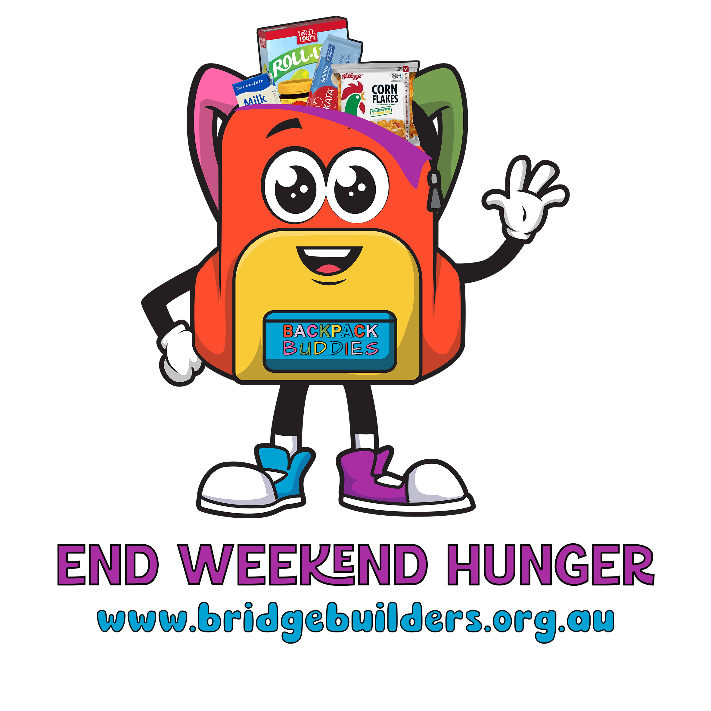 A cartoon depiction of a backpack filled with pantry supplies with the words End Weekend Hunger underneath