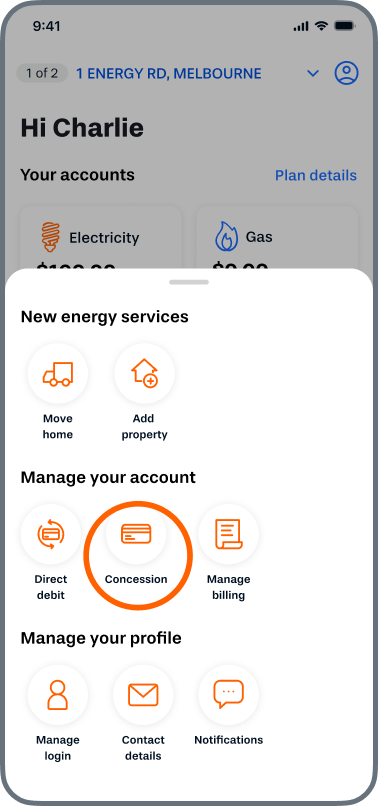 This is a graphical representation of the Alinta Energy mobile app dashboard, in the Manage your account section, highlighting the "Concession" option to manage concession details