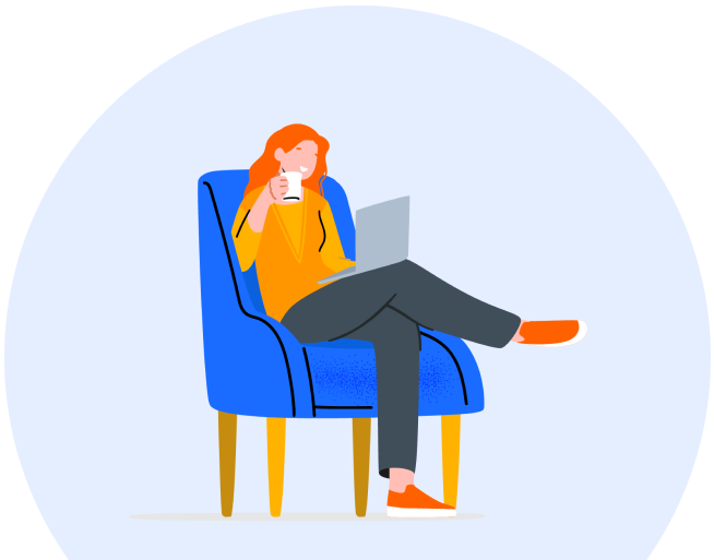 A graphical representation of a woman sits in a blue chair and browses her laptop whilst drinking a cup of tea