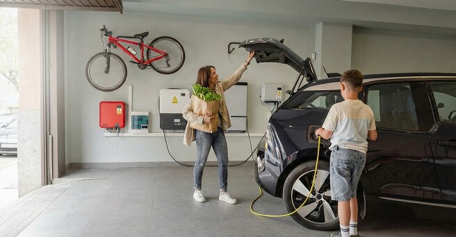 EV car being charged in garage while mother gets groceries out of the boot