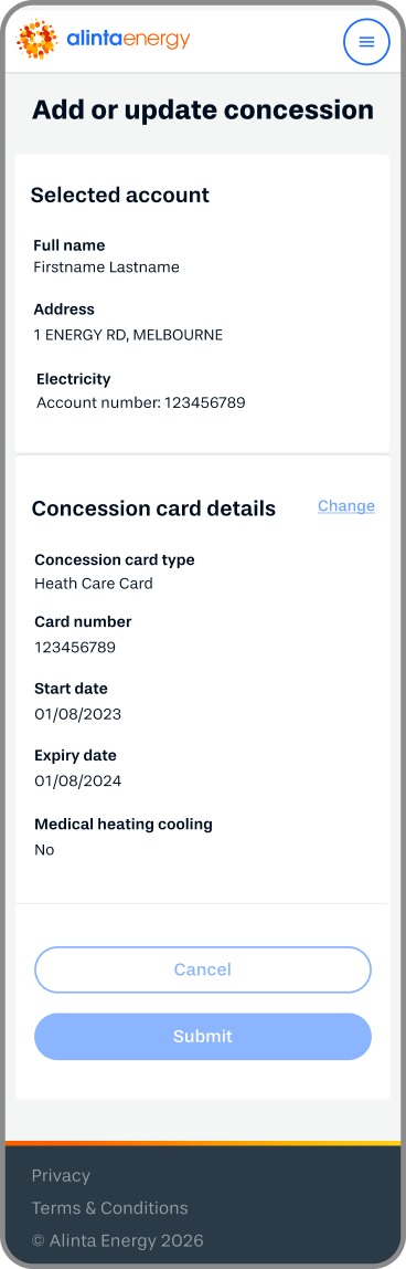 This is a graphical representation of the MyAccount concessions form, where you enter details about your concession card