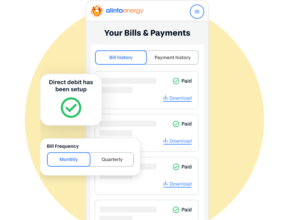 Graphical representation of the Alinta Energy app showing the bill history screen