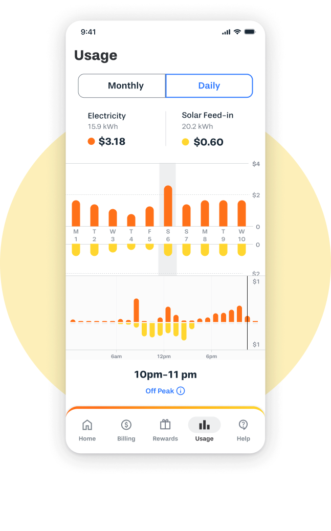 Screen shot of Alinta Energy app showing the hourly rate usage of electricity with solar feed-in
