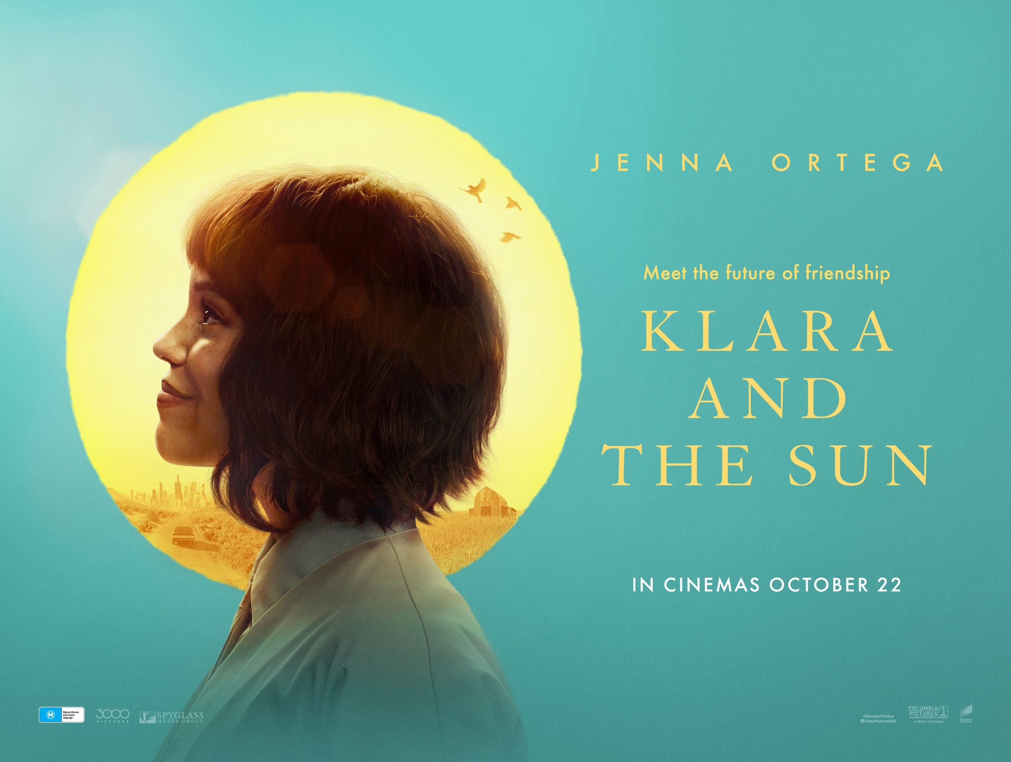Profile picture of Jenna Ortega as Klara with a sun behind her head with the words Klara and the Sun