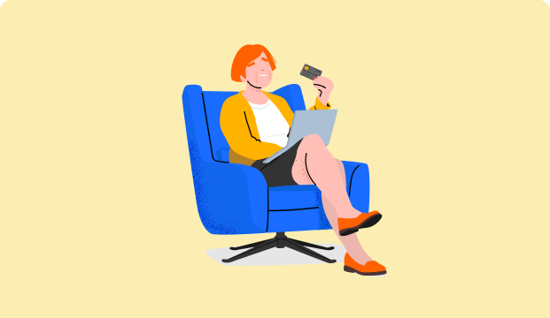 Graphic representation of a woman sitting in an armchair with a laptop and holding a credit card up