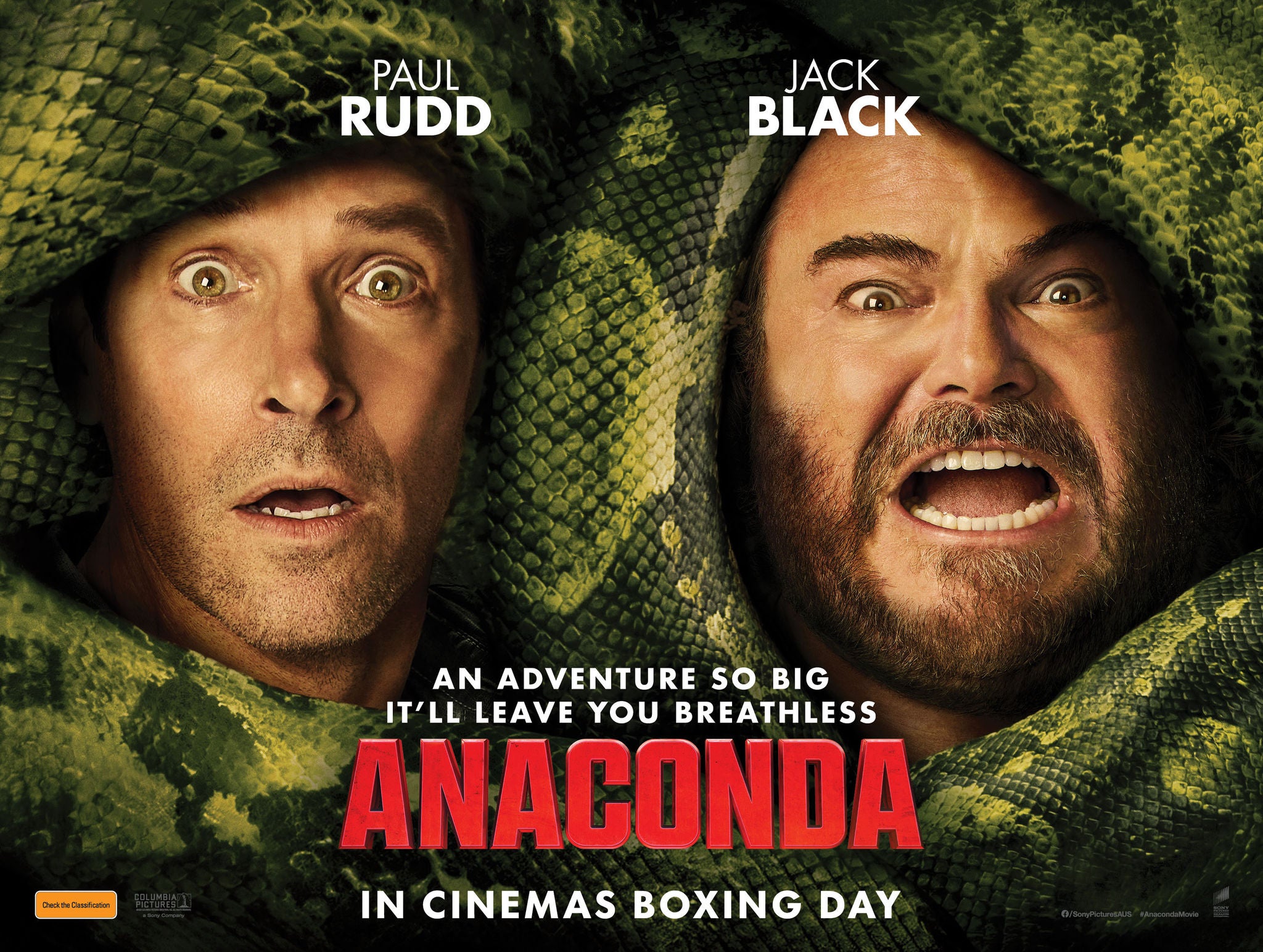 Close up of Paul Rudd and Jack Black's faces with a large Anaconda wrapped around them