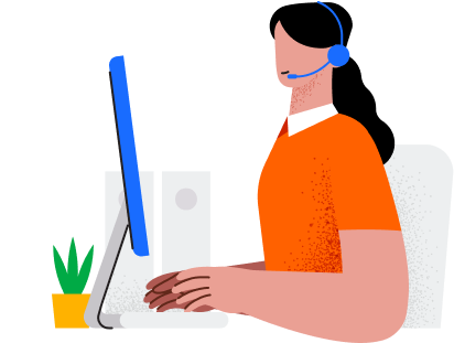 Graphical representation of a woman in front of a computer screen talking on a headset