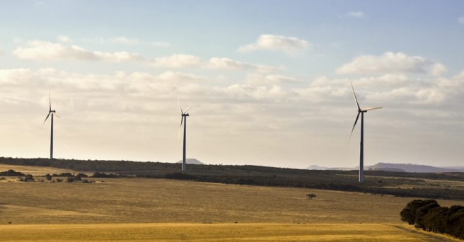 Large field showing three wind turbines
