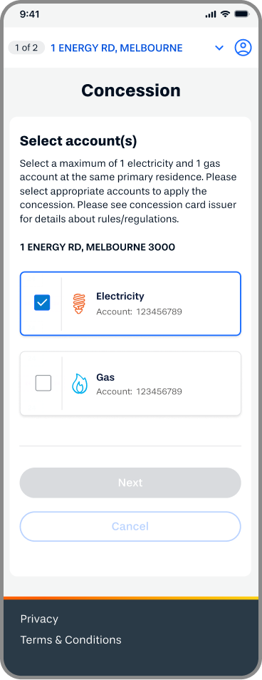 This is a graphical representation of the Alinta Energy mobile app, on the Concession page, selecting the account checkbox to apply the concession