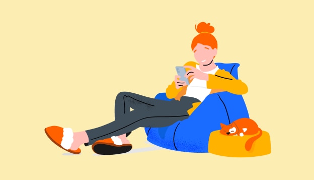 Graphical representation of a woman sitting in a beanbag looking at her phone while a cat sleeps beside her on a cushion