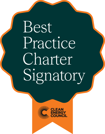 Best Practice Charter Signatory badge in dark green and orange. 