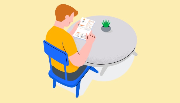 Graphical representation of a man sitting at a table reading an Alinta Energy bill