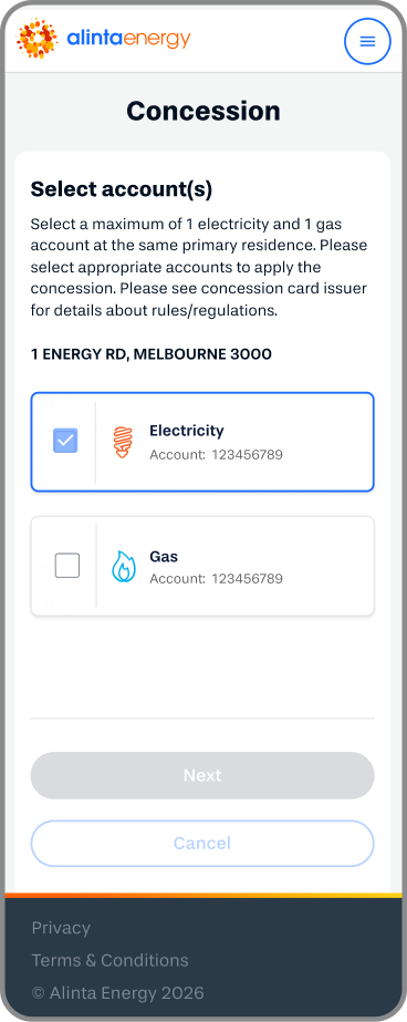 This is a graphical representation of the Alinta Energy MyAccount dashboard, on the Concessions page, where you select the relevant account.